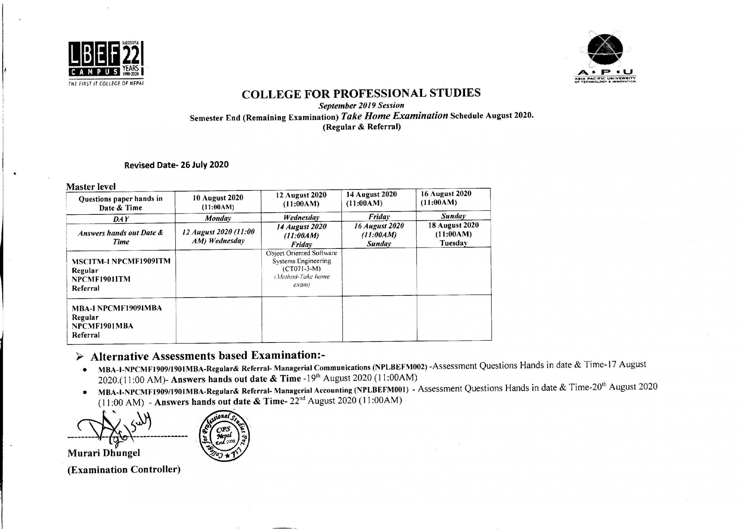Alternative Assessment Based Examination- Masters