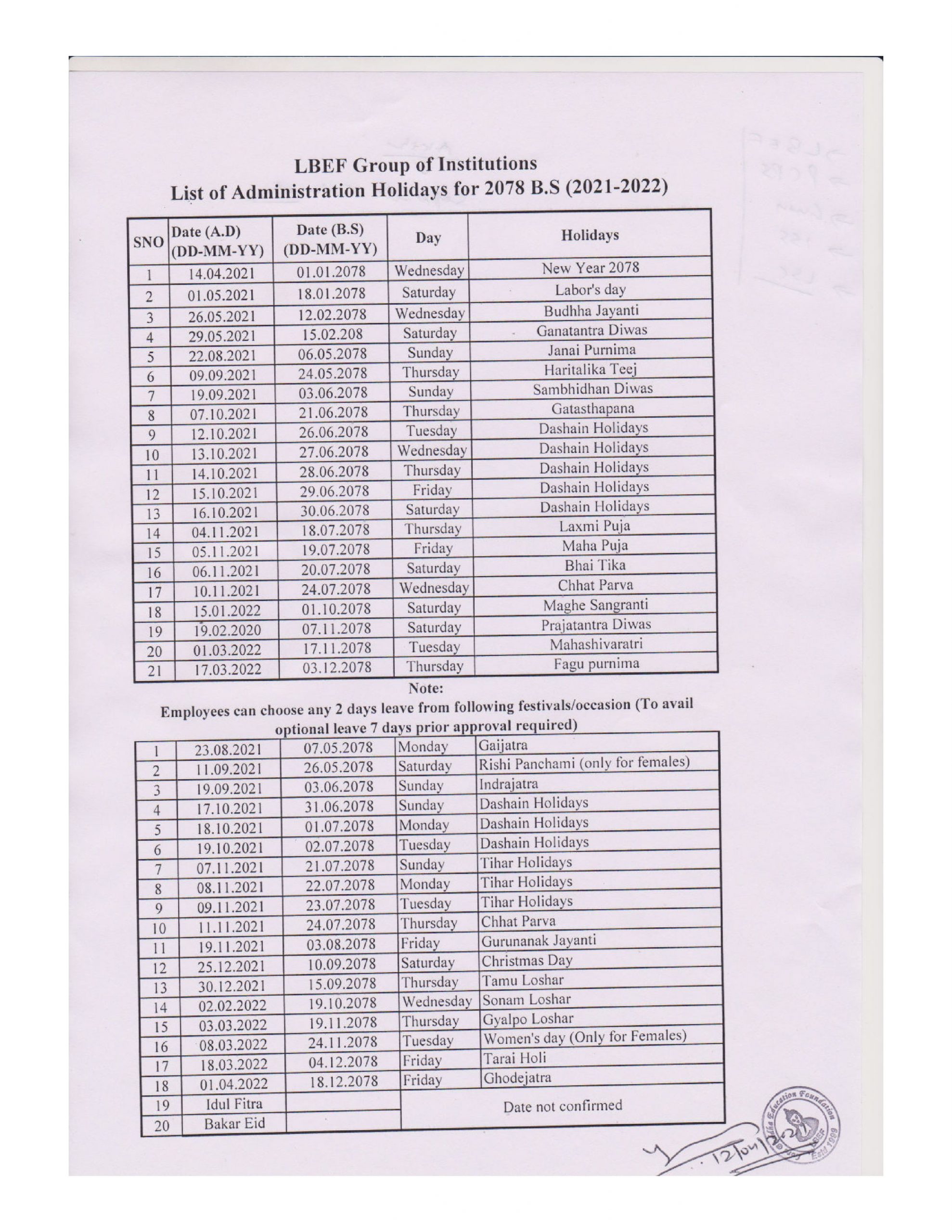 List of Administrative Holidays
